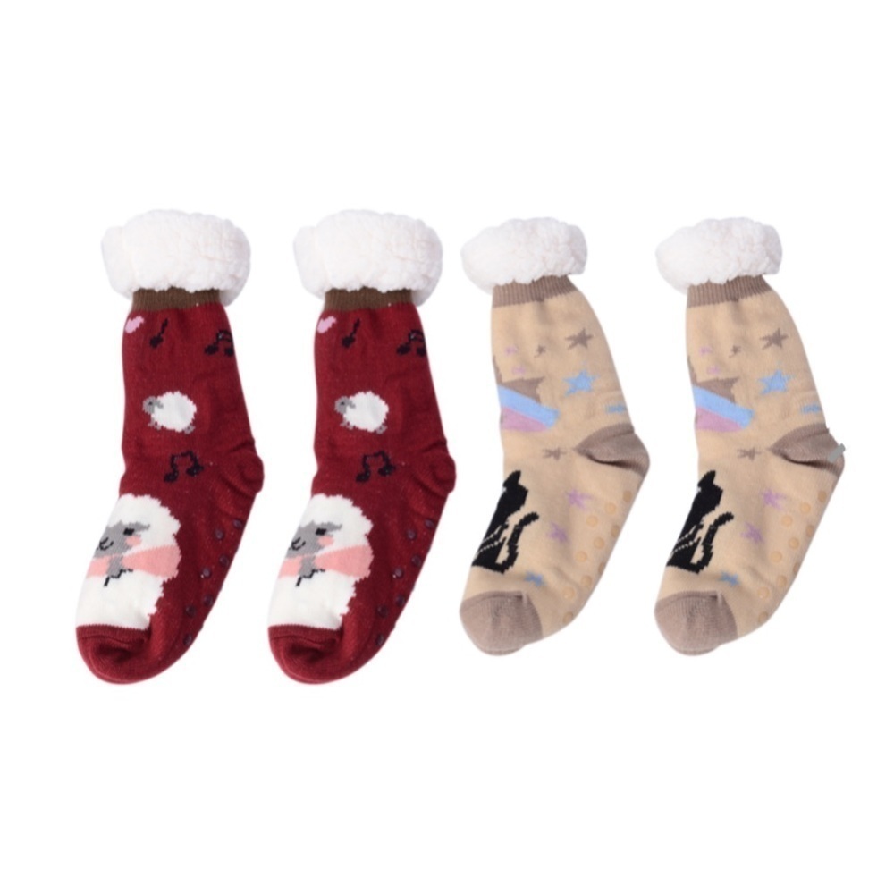 Camel Sheep & Wine Cat Pattern Sherpa Lined Slipper Socks 2 Pc. Winter Set